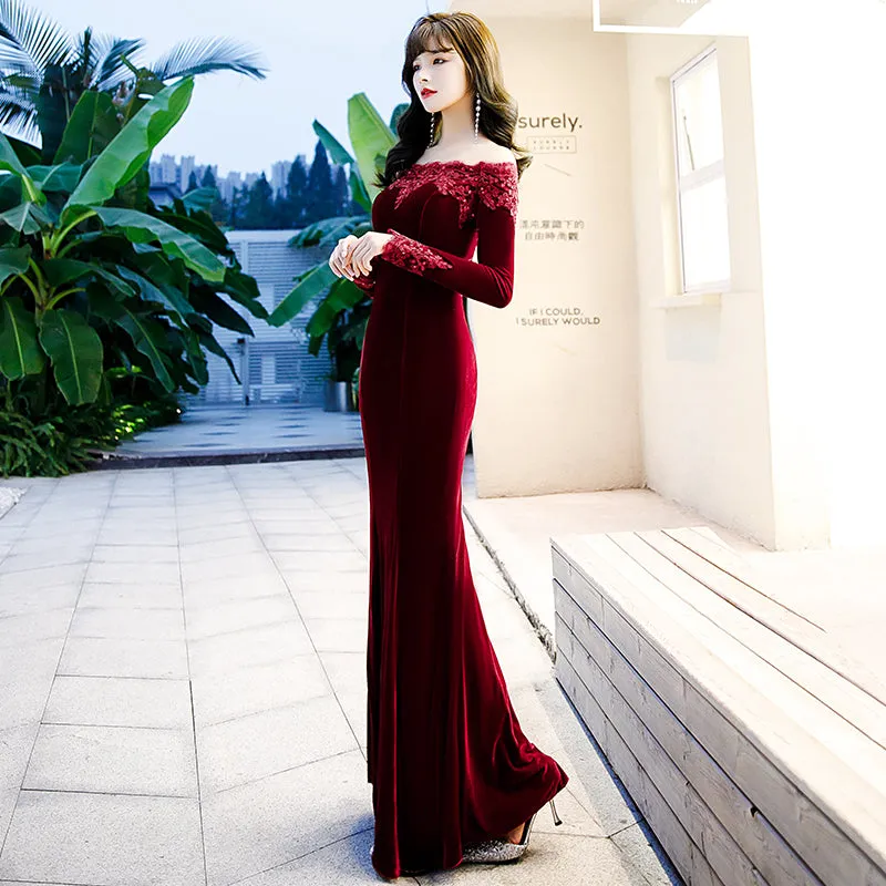 Beautiful Wine Red Velvet Mermaid Long Evening Dress Party Dress, Long Evening Dresses