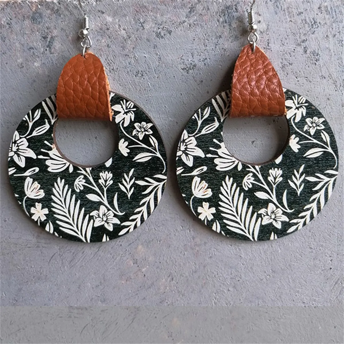 Black & White Floral Wood Round Drop Earrings