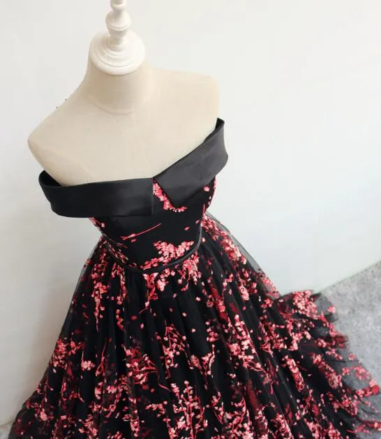 Black Floral Off Shoulder Lace-up Formal Dress , Party Gown Formal Dress