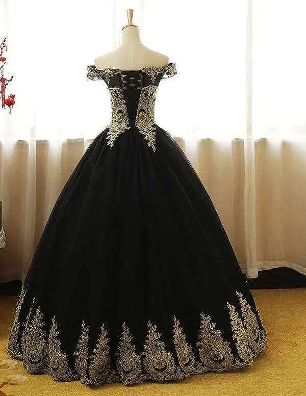 Black Off Shoulder Tulle Sweet 16 Gowns with Gold Applique, Charming Evening Gowns