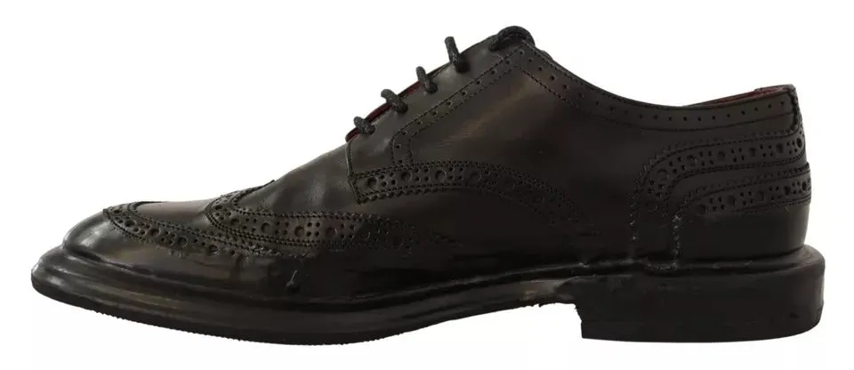 Black Perforated Leather Lace Up Derby Shoes