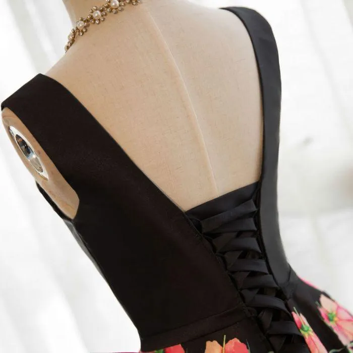 Black Satin Floral Lace-up Formal Dresses, Black Party Dress, Formal Gowns