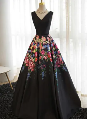 Black Satin Floral Lace-up Formal Dresses, Black Party Dress, Formal Gowns