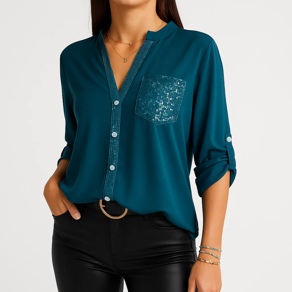 Black Sequin Button-Up Shirt | Chic Cotton Blend | Sparkling Elegance
