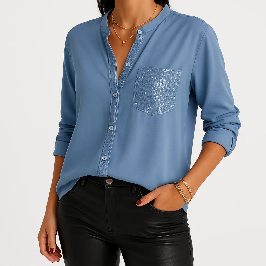 Black Sequin Button-Up Shirt | Chic Cotton Blend | Sparkling Elegance