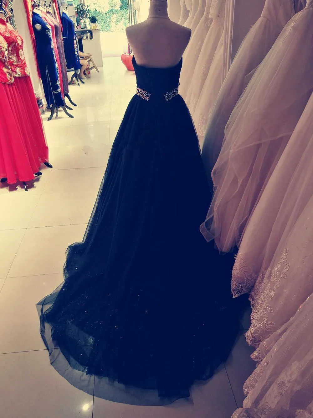 Black Sweetheart Tulle Long Party Dress, Stunning Black Sequins Prom Dress