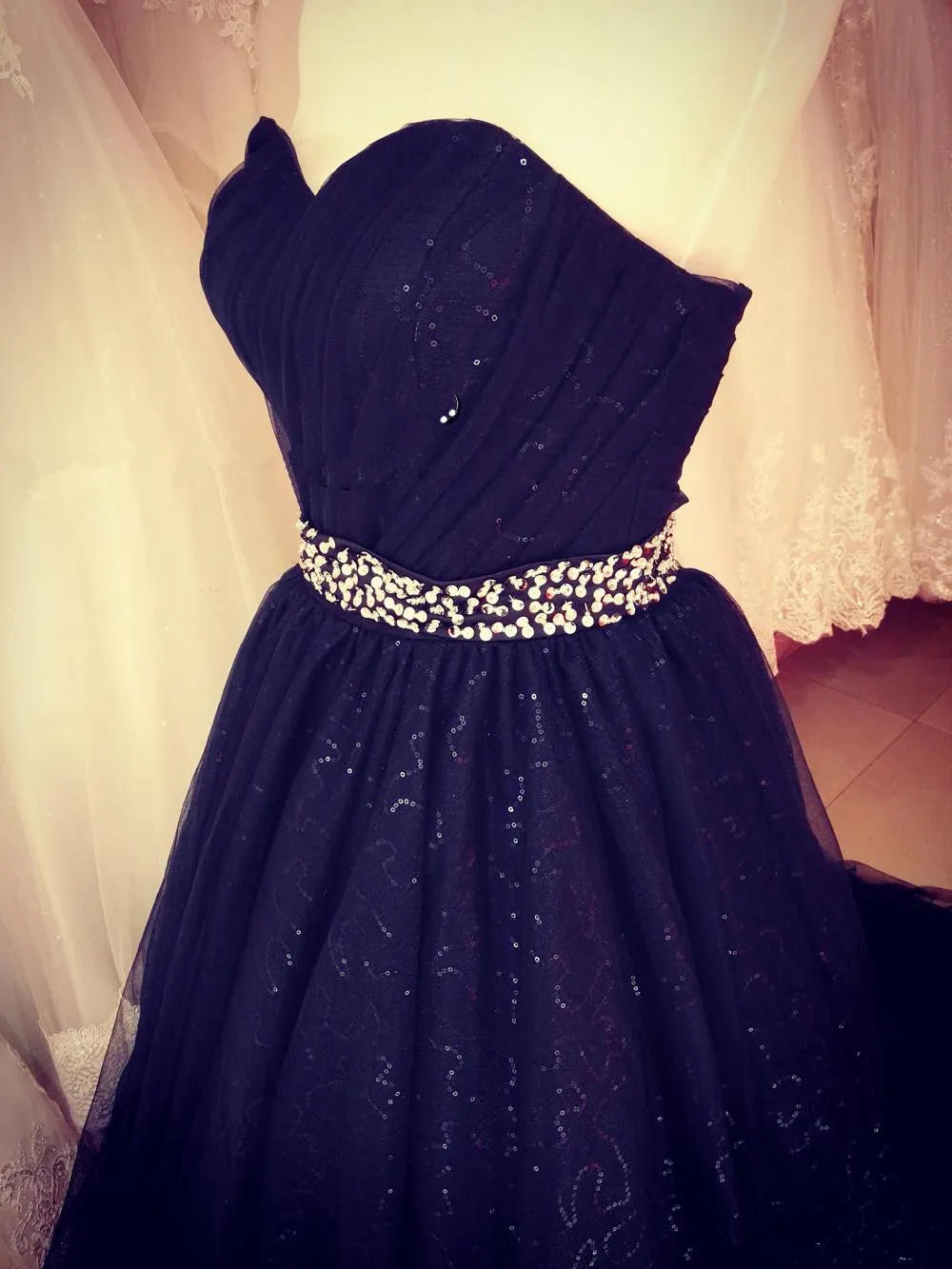 Black Sweetheart Tulle Long Party Dress, Stunning Black Sequins Prom Dress