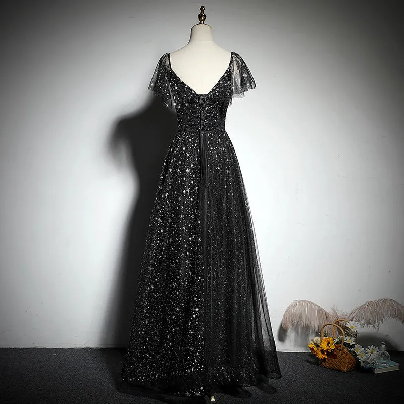 Black V-neckline Cap Sleeves Floor Length Party Dress, Black A-line Evening Dress Formal Dresses