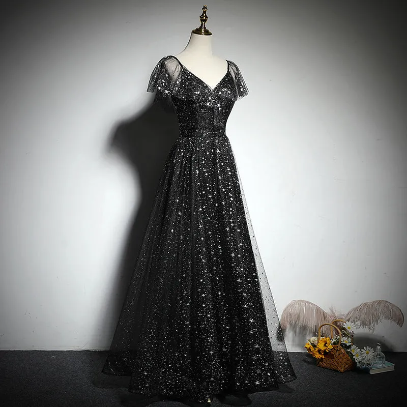 Black V-neckline Cap Sleeves Floor Length Party Dress, Black A-line Evening Dress Formal Dresses