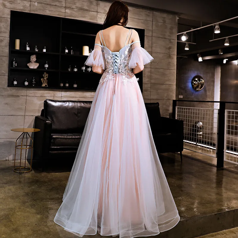 Blue and Pink Off Shoulder Floor Length with Lace Applique Party Dress, Pink Formal Dress Prom Dress