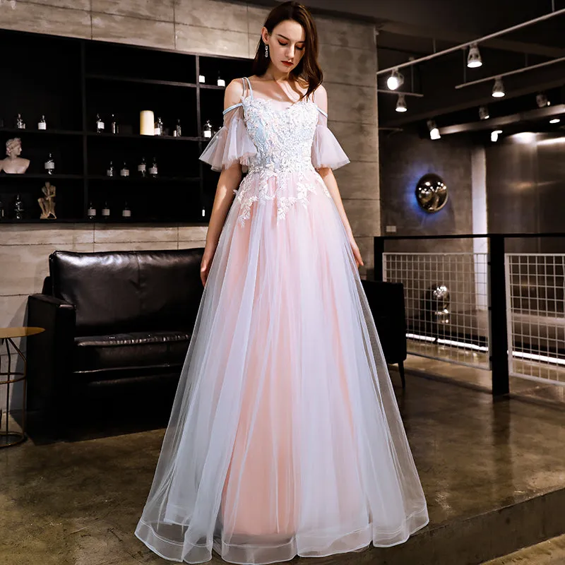 Blue and Pink Off Shoulder Floor Length with Lace Applique Party Dress, Pink Formal Dress Prom Dress