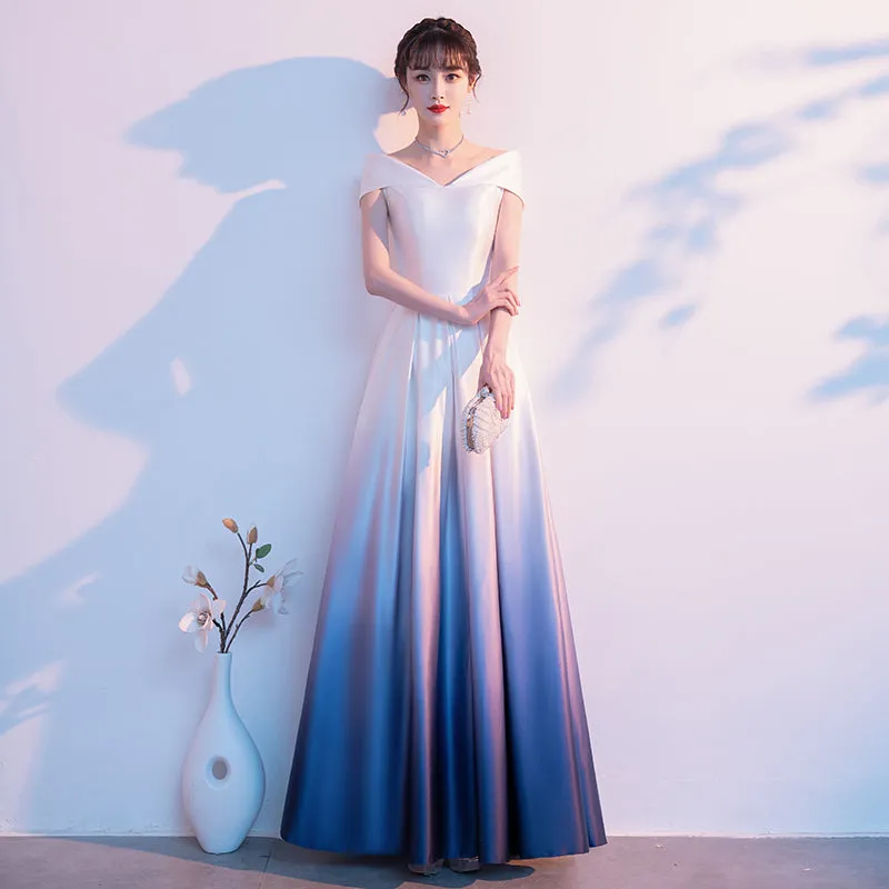 Blue and White Gradient Satin A-line Bridesmaid Dress, Off Shoulder Long Evening Dress