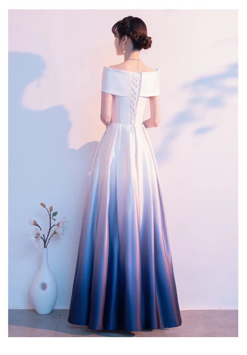 Blue and White Gradient Satin A-line Bridesmaid Dress, Off Shoulder Long Evening Dress