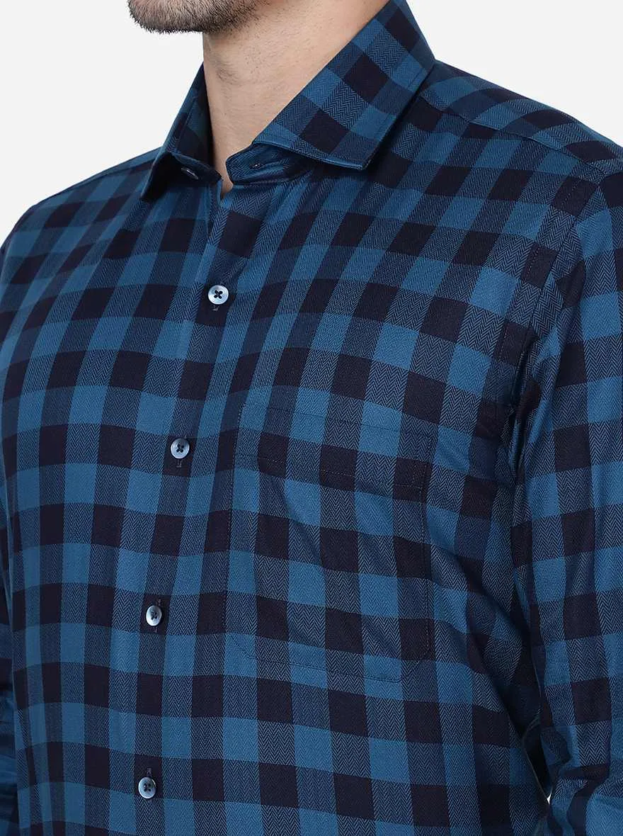 Blue Checked Slim Fit Formal Shirt | Metal