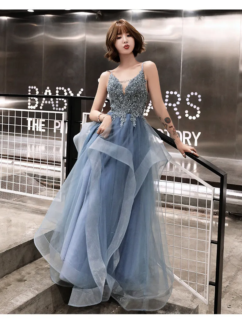 Blue Lace Applique V-neckline Straps Tulle Long Evening Dress, A-line Blue Party Dress Prom Dress
