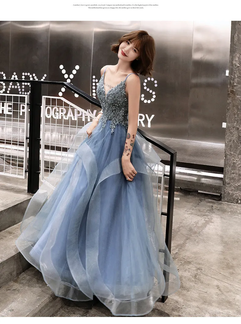 Blue Lace Applique V-neckline Straps Tulle Long Evening Dress, A-line Blue Party Dress Prom Dress