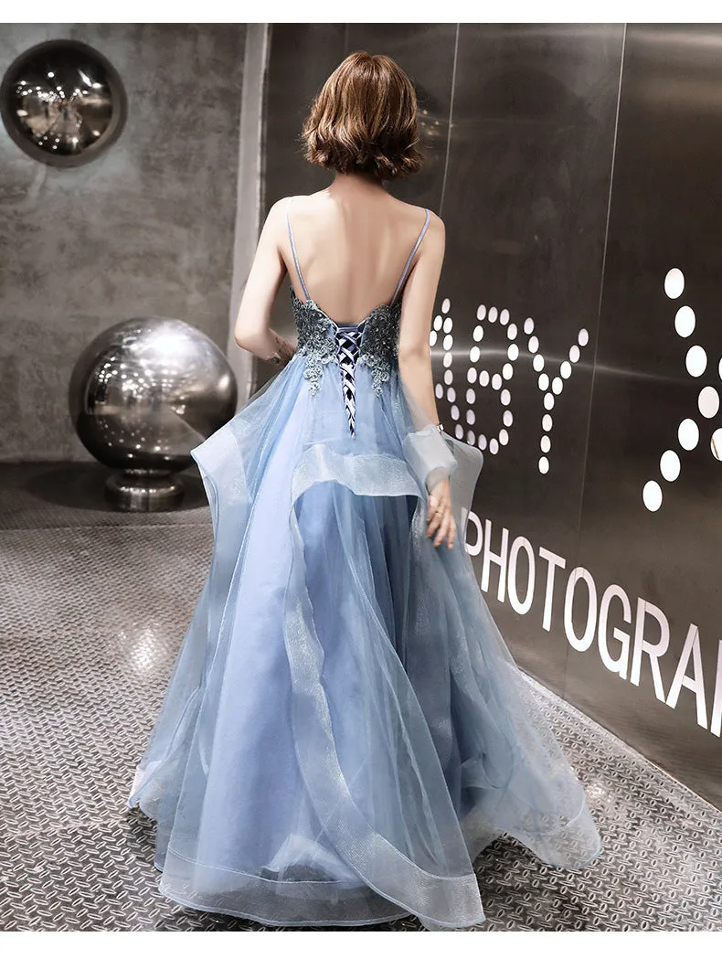 Blue Lace Applique V-neckline Straps Tulle Long Evening Dress, A-line Blue Party Dress Prom Dress