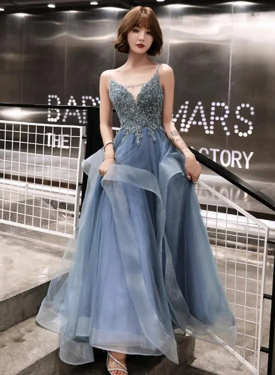 Blue Lace Applique V-neckline Straps Tulle Long Evening Dress, A-line Blue Party Dress Prom Dress
