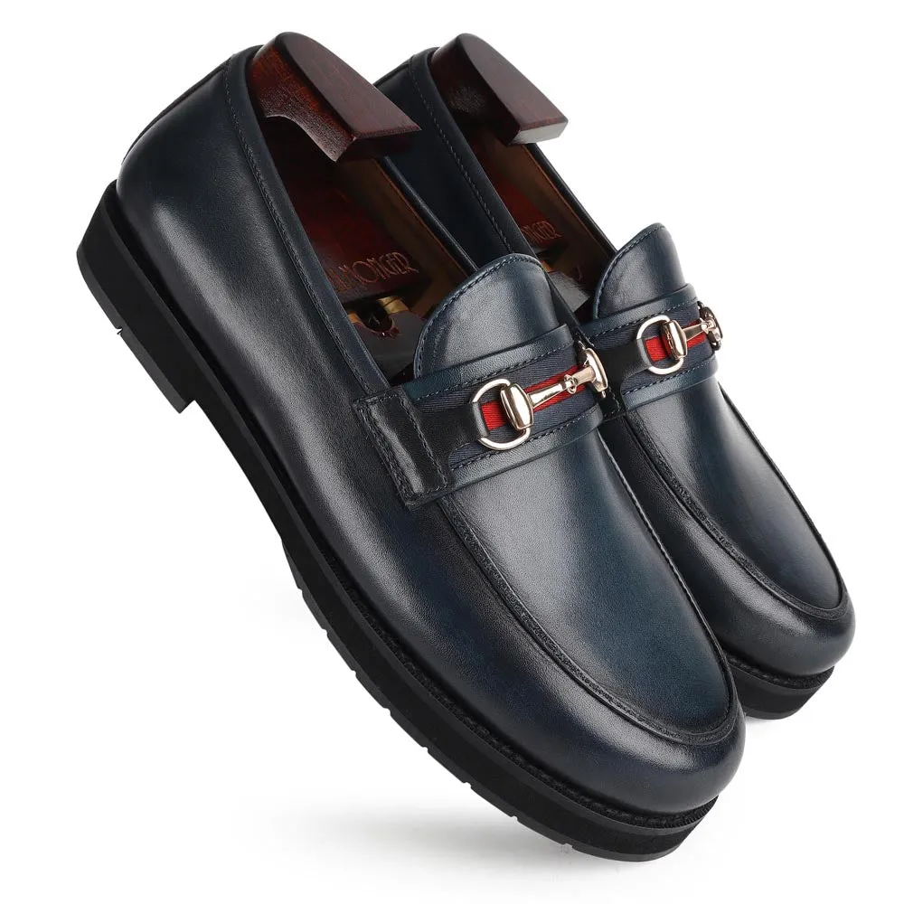 Blue Mirror Glossed Patina Modern Buckle Moccasins