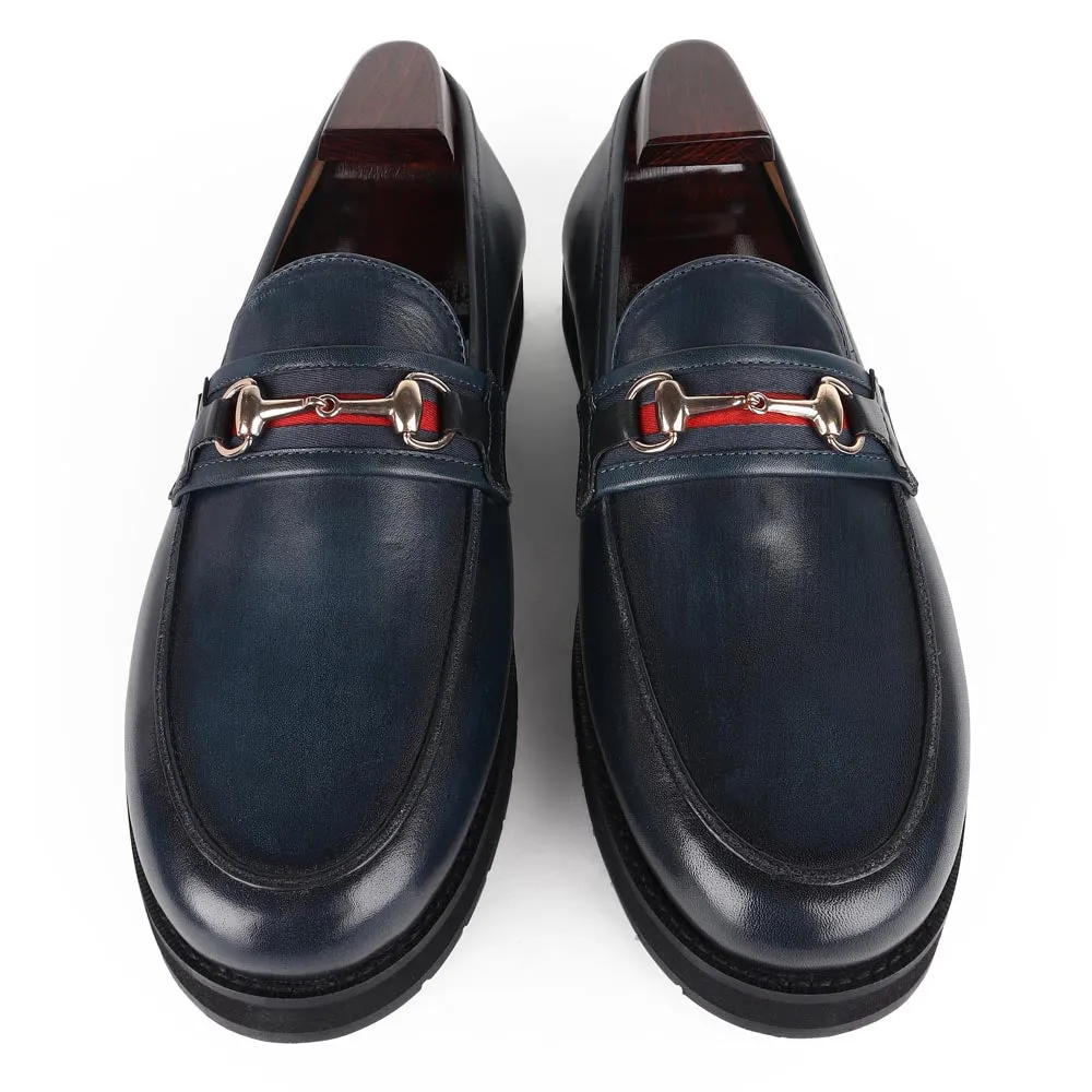 Blue Mirror Glossed Patina Modern Buckle Moccasins