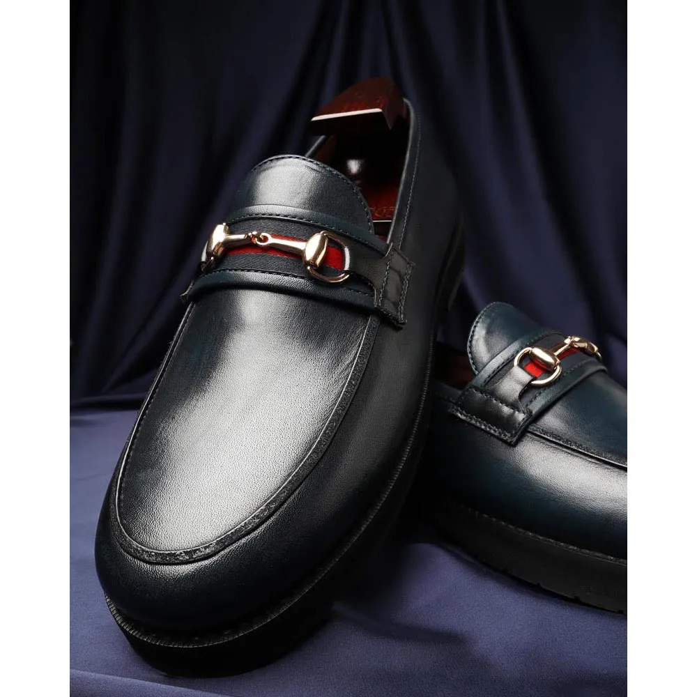 Blue Mirror Glossed Patina Modern Buckle Moccasins