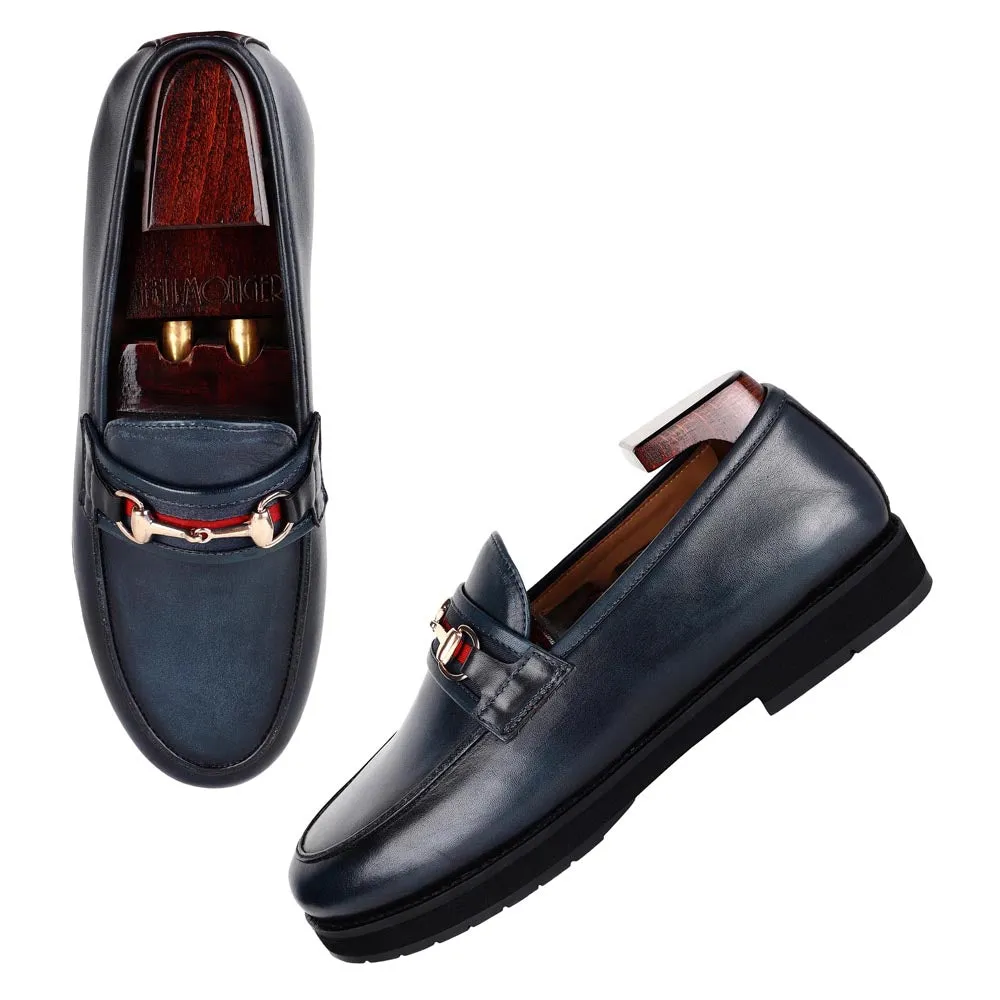 Blue Mirror Glossed Patina Modern Buckle Moccasins