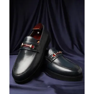Blue Mirror Glossed Patina Modern Buckle Moccasins