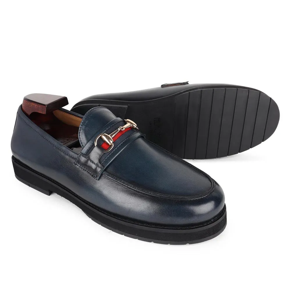 Blue Mirror Glossed Patina Modern Buckle Moccasins