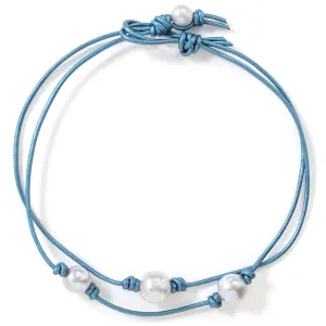Blue Ocean Double Pearl Leather Choker