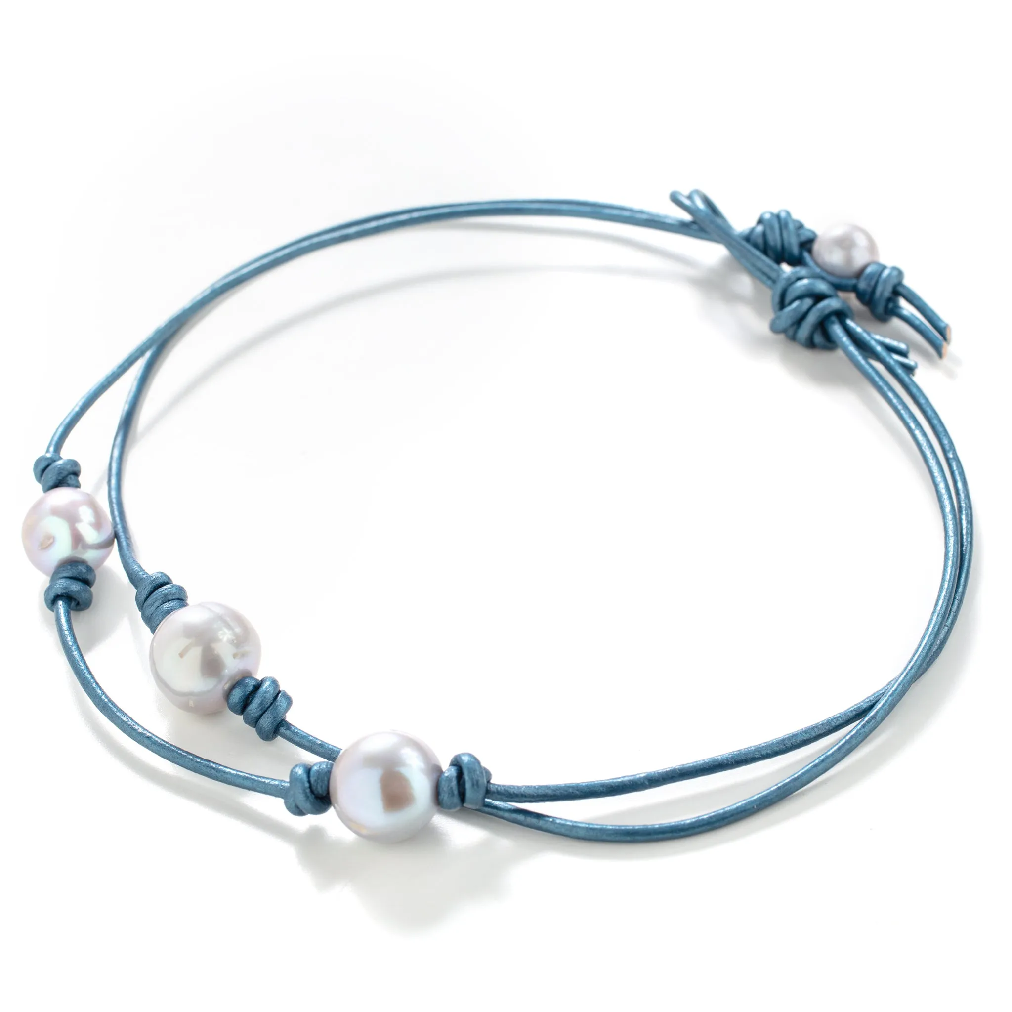 Blue Ocean Double Pearl Leather Choker