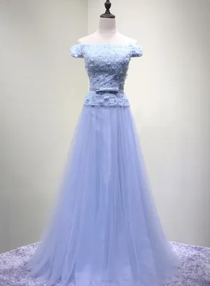 Blue Off Shoulder Lace and Floral Long Party Gowns, Charming Party Dress