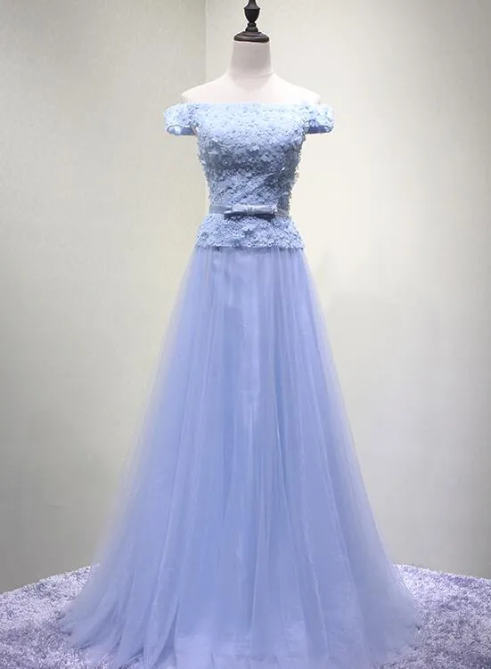 Blue Off Shoulder Lace and Floral Long Party Gowns, Charming Party Dress