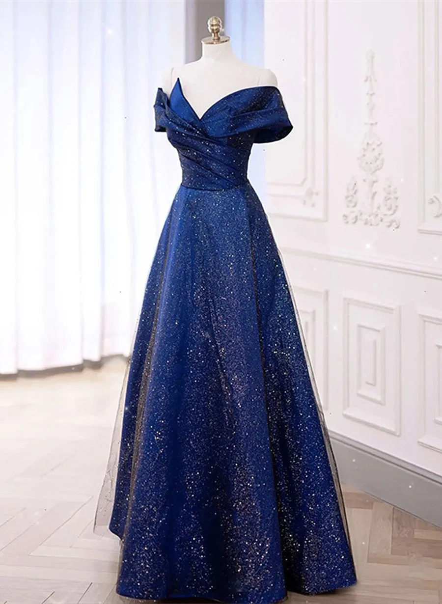 Blue Satin Long Simple Formal Dress, Blue Wedding Party Dress