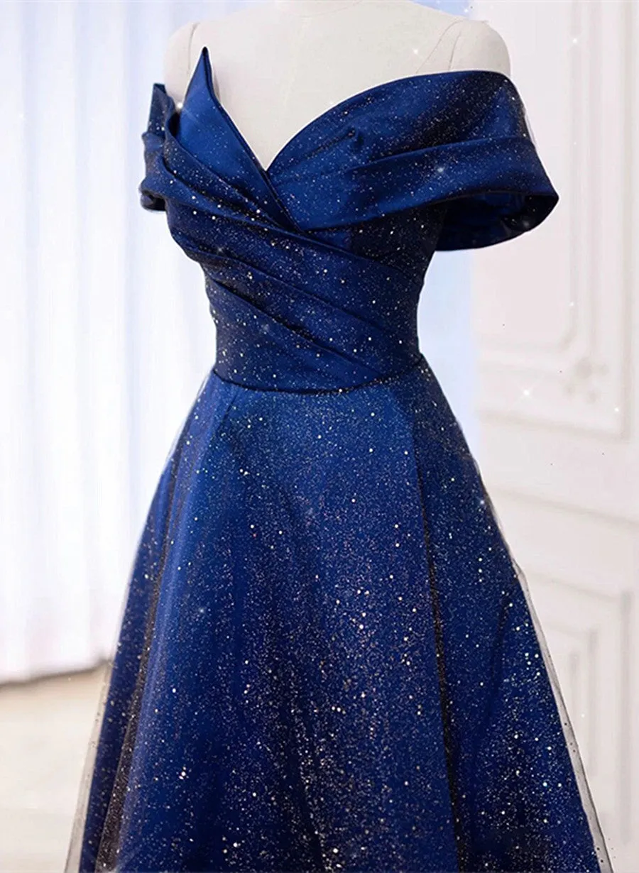 Blue Satin Long Simple Formal Dress, Blue Wedding Party Dress