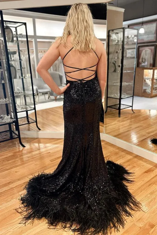 Blue Sequin Feather Back Mermaid Sparkly Long Prom Dress With Slit TP1210
