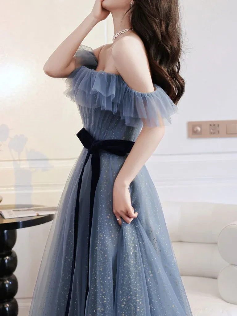 Blue Sweetheart Off Shoulder Long Party Dress, Blue Formal Gown Evening Dress