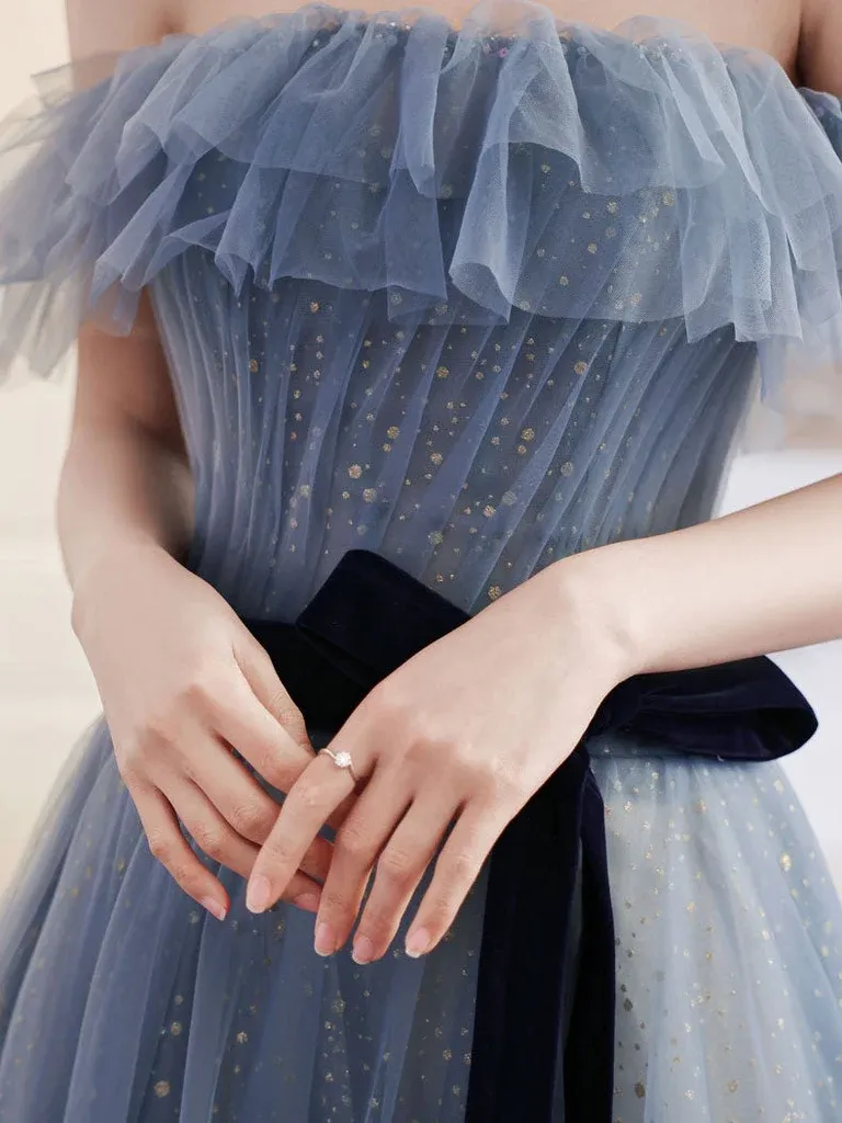 Blue Sweetheart Off Shoulder Long Party Dress, Blue Formal Gown Evening Dress