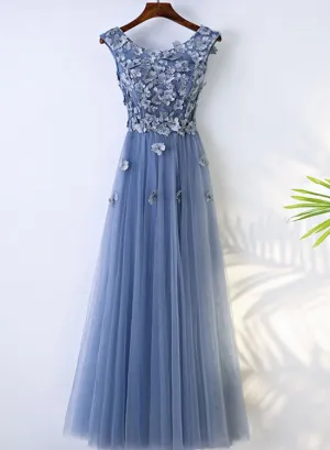 Blue Tulle Round Neckline Floor Length with Flowers Applique, Beautiful Evening Gown