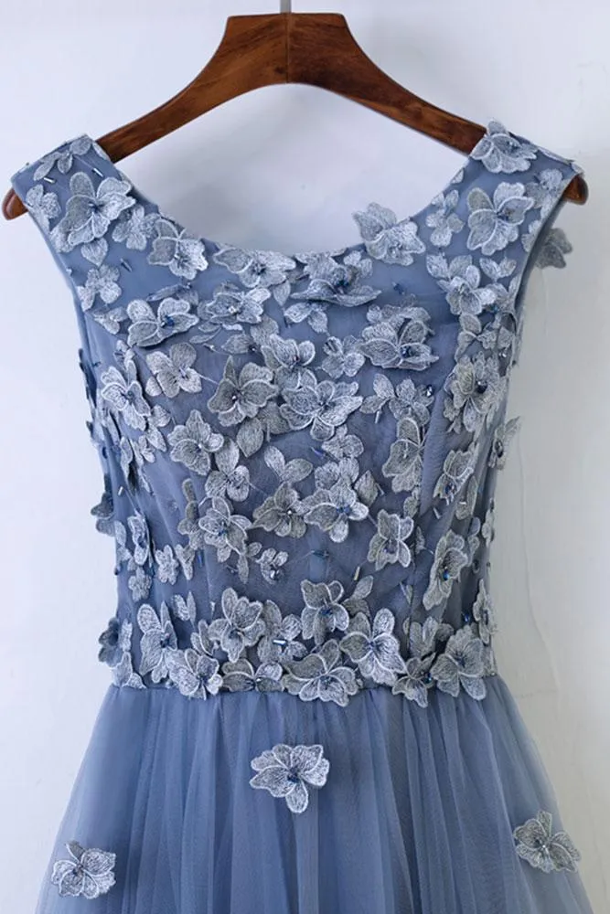 Blue Tulle Round Neckline Floor Length with Flowers Applique, Beautiful Evening Gown