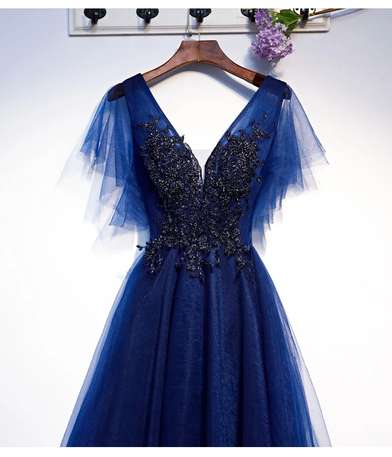 Blue Tulle Short Party Dress with Lace Applique, Blue Formal Dress Prom Dresses