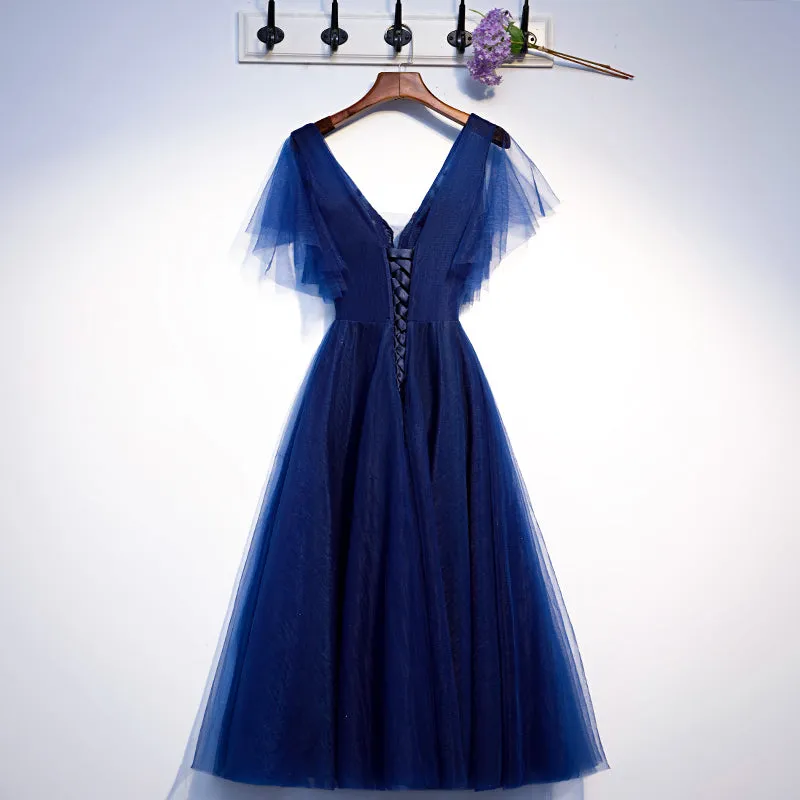 Blue Tulle Short Party Dress with Lace Applique, Blue Formal Dress Prom Dresses
