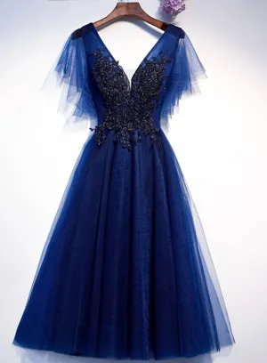Blue Tulle Short Party Dress with Lace Applique, Blue Formal Dress Prom Dresses