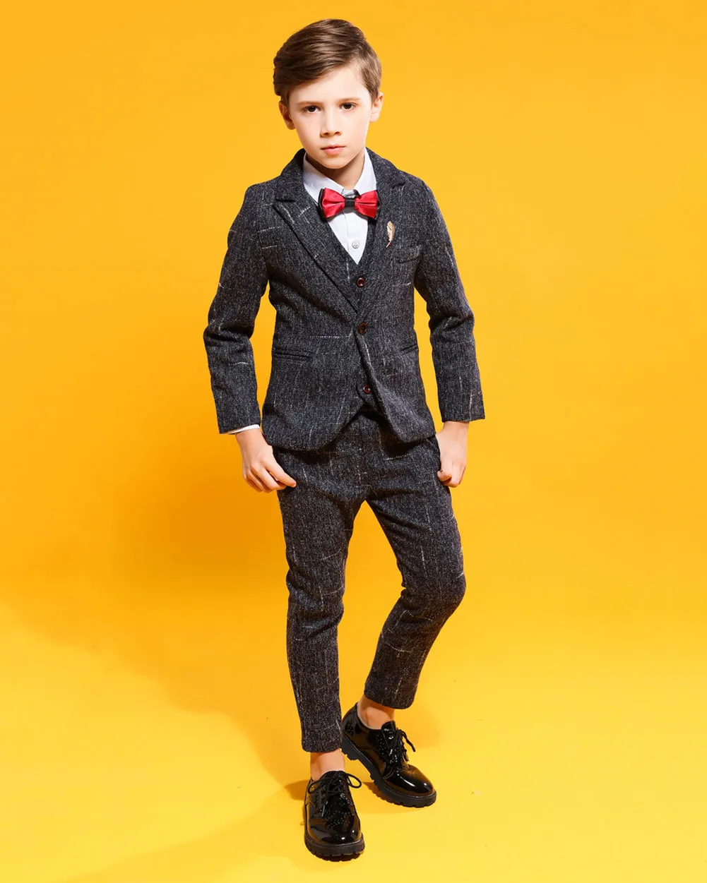 Boys' Black Formal Suit(white dot)  4 piece Dresswear suit set with jacket,shirt,vest and pants