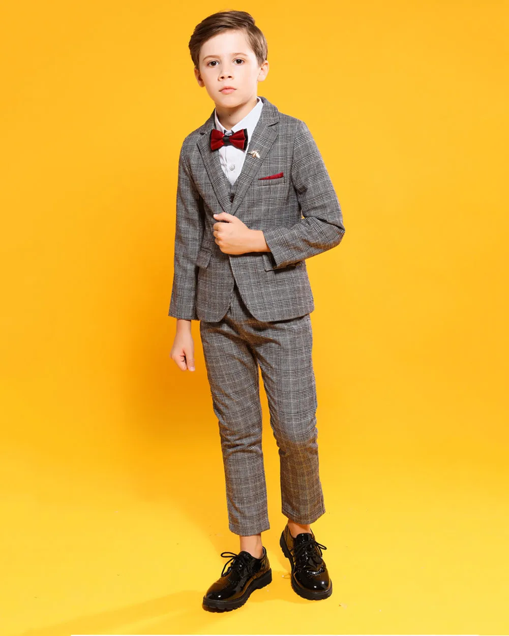 Boys' Gray Formal checked Suit  4 piece Dresswear suit set with jacket,shirt,vest and pants
