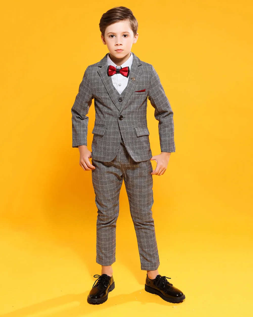 Boys' Gray Formal checked Suit  4 piece Dresswear suit set with jacket,shirt,vest and pants