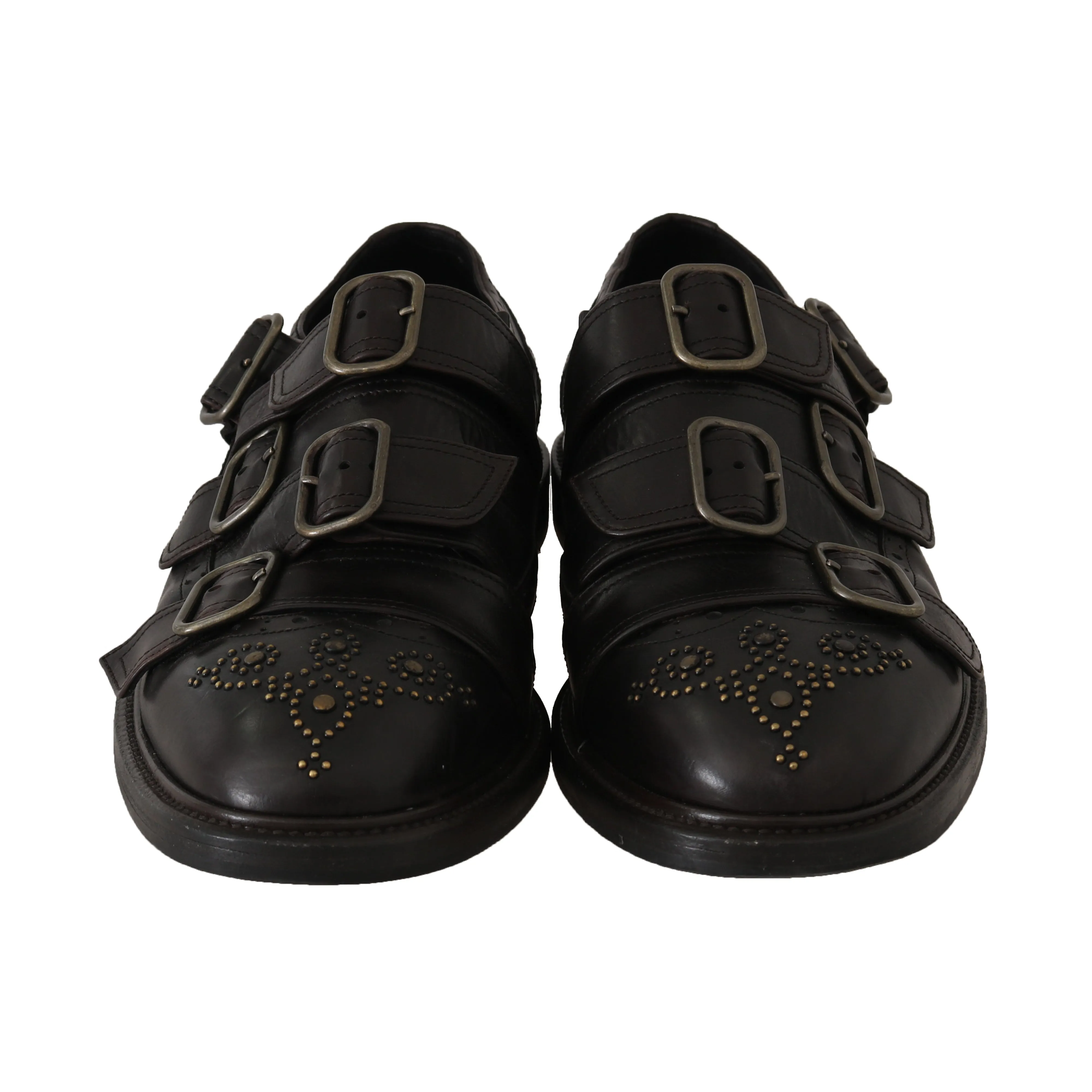Brown Leather Buckle Monkstrap Studs Shoes