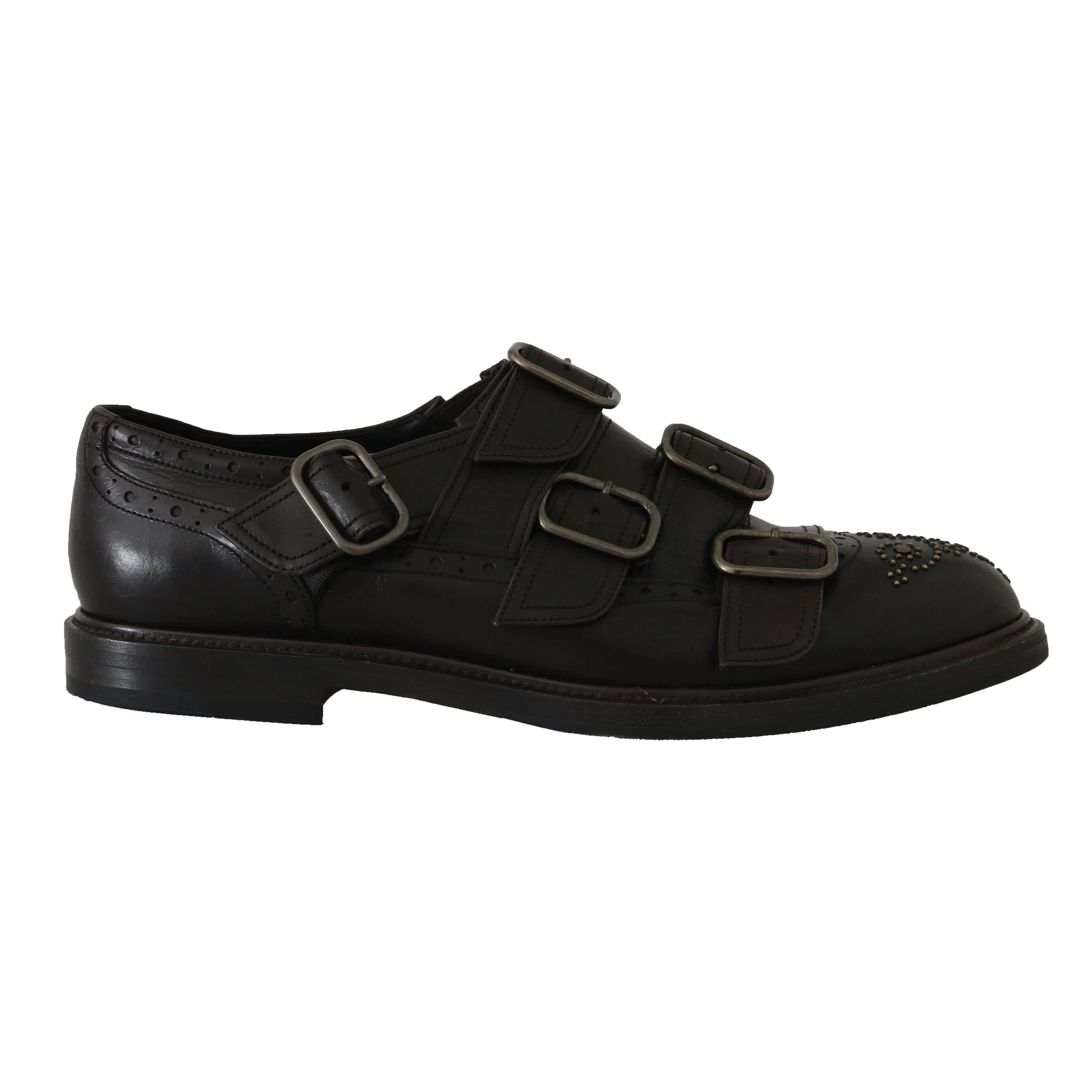 Brown Leather Buckle Monkstrap Studs Shoes