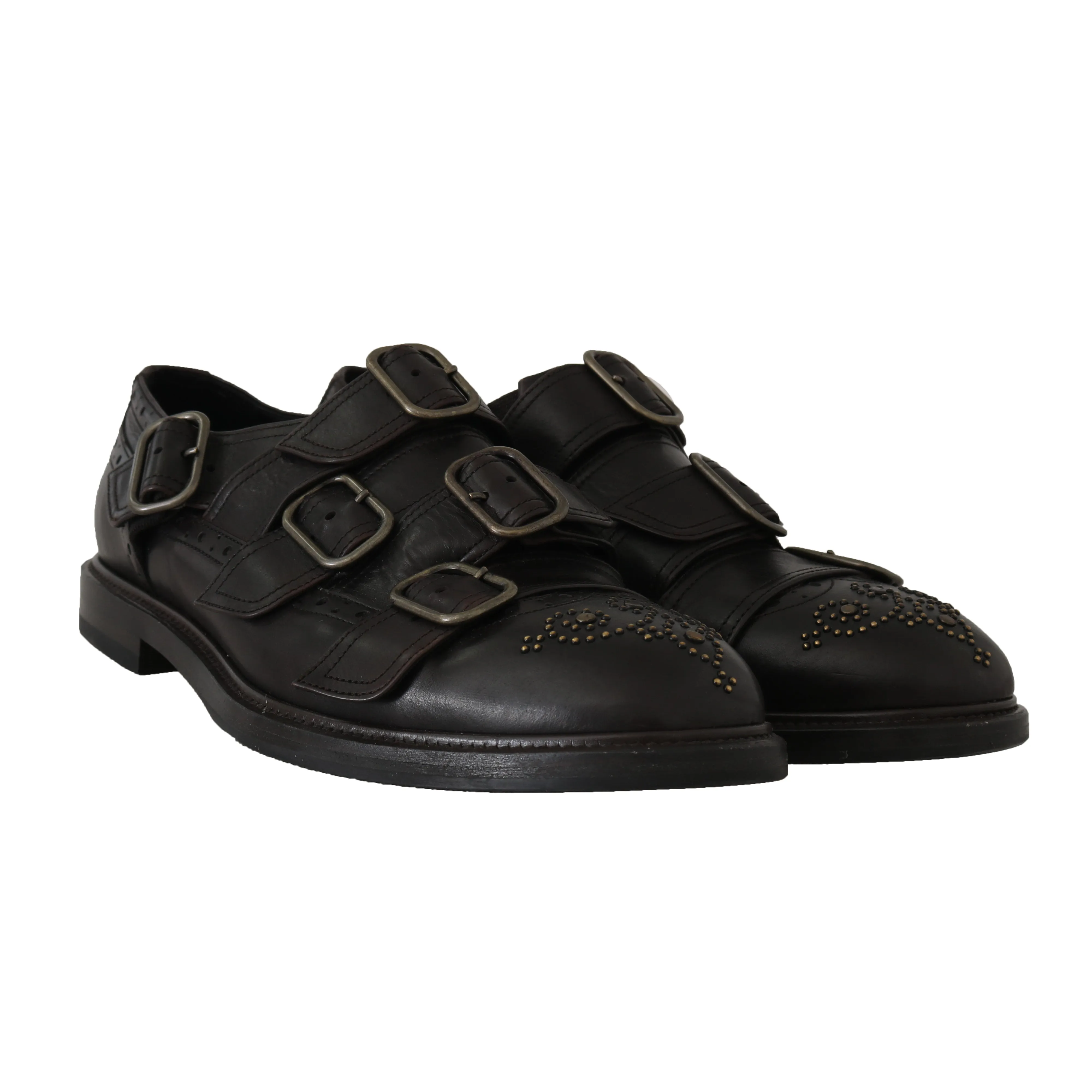 Brown Leather Buckle Monkstrap Studs Shoes