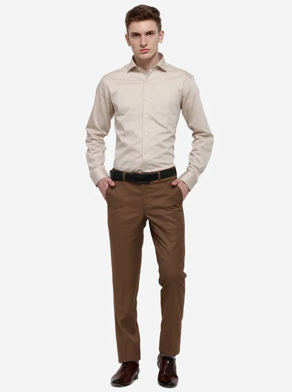 Brown Solid Slim Fit Formal Trouser | Greenfibre