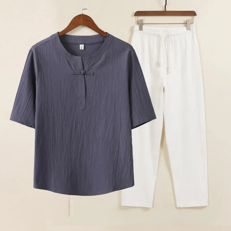 Buddha Stones 2Pcs Simple Design Chinese Frog-Button Shirt Drawstring Wide Leg Pants With Pockets Men's Meditation Cloth Set